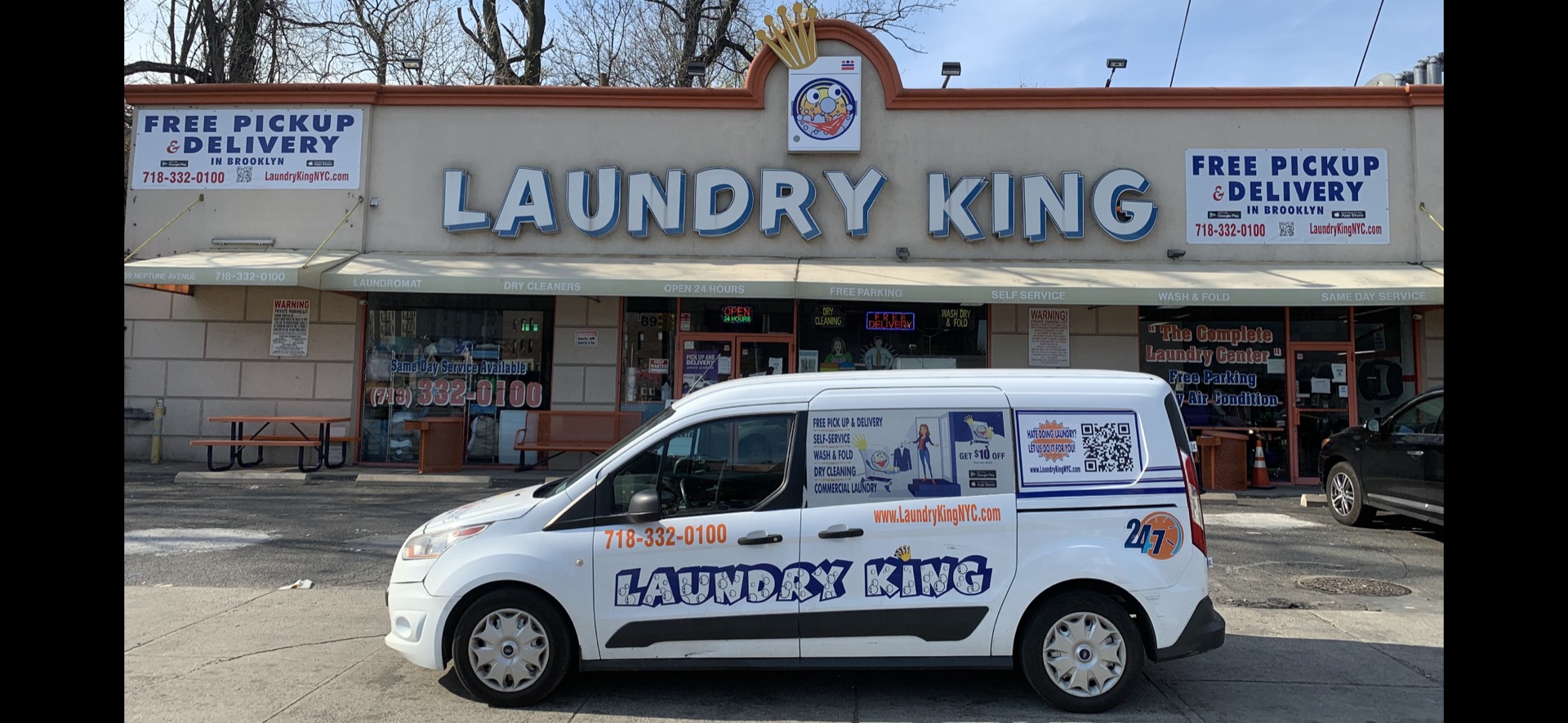 Wide view of the Laundry King store and delivery van on Neptune Avenue in Brooklyn